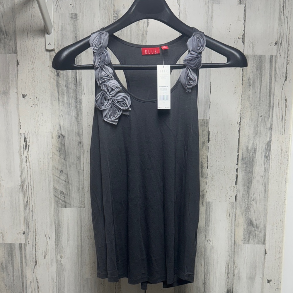NWT- Elle Charcoal Tank Top with Floral Details